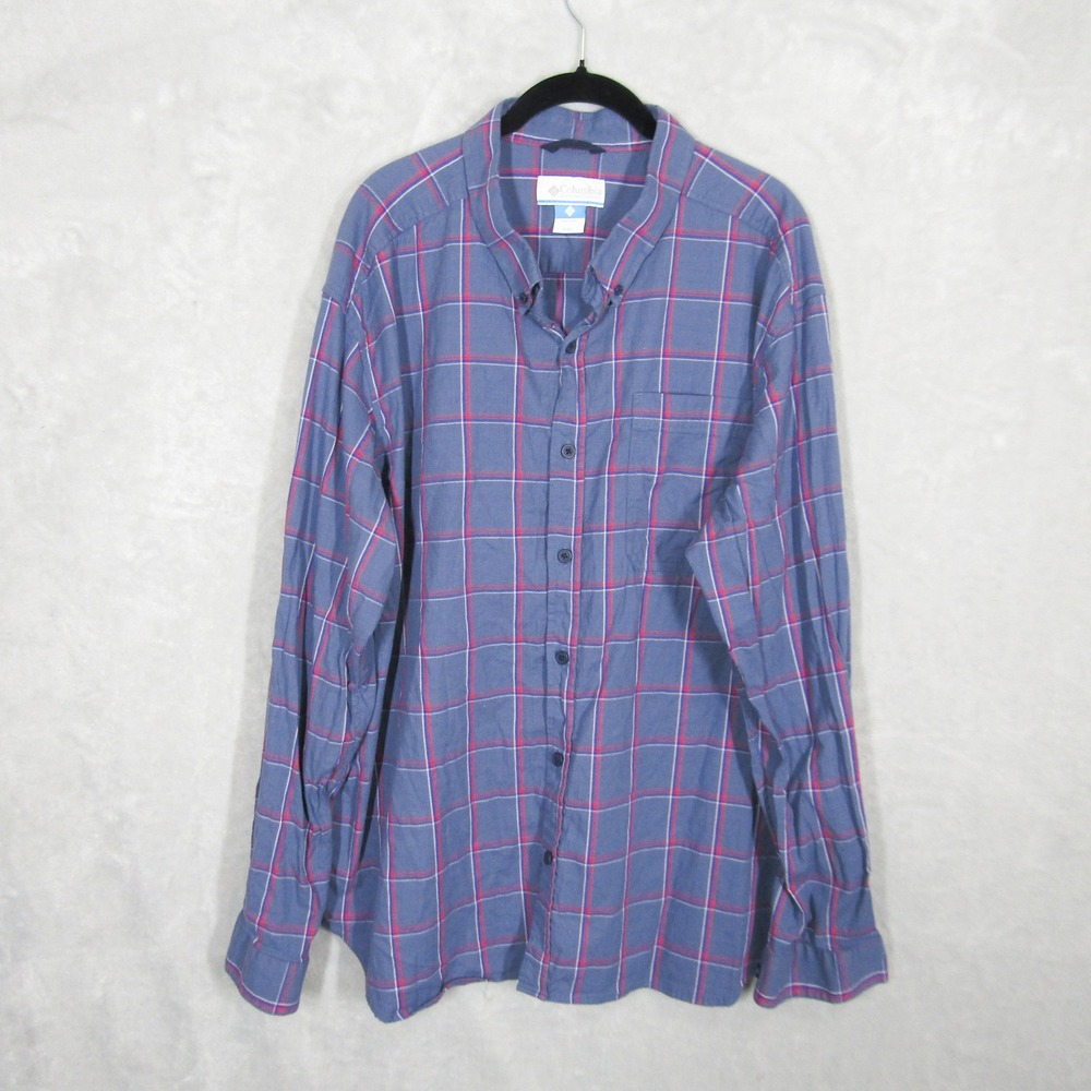 Columbia XXL Mens Button Down Shirt Long Sleeve Plaid Blue Red Casual